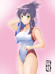 Rule 34 | 1girl, absurdres, artist logo, black hair, breasts, cleavage, commentary request, competition swimsuit, cowboy shot, folded ponytail, green eyes, highres, long hair, looking at viewer, medium breasts, one-piece swimsuit, pink background, seppatsumaru, smile, solo, standing, swimsuit, toji no miko, towel, white one-piece swimsuit, yanase mai