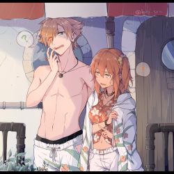 Rule 34 | !, 1boy, 1girl, ?, annoyed, belt, borrowed clothes, bracelet, cigarette, collarbone, cowboy shot, door, drawstring, eyes visible through hair, fate/grand order, fate (series), floral print, fujimaru ritsuka (female), fujimaru ritsuka (female) (tropical summer), green eyes, hair between eyes, hair over one eye, holding, holding cigarette, hood, hood down, hooded jacket, index finger raised, industrial pipe, jacket, jacket on shoulders, jewelry, letterboxed, looking at another, male swimwear, medium hair, midriff, navel, official alternate costume, one side up, open mouth, orange hair, outdoors, plant, print jacket, print shirt, rain, red shirt, robin hood (fate), robin hood (summer hunter) (fate), scrunchie, serirari, shirt, shorts, sideways glance, smoke, smoking, speech bubble, spoken exclamation mark, spoken question mark, swim trunks, swimsuit, tan, tied shirt, toned, toned male, topless male, twitter username, white male swimwear, white shorts, white swim trunks, window, yellow eyes, yellow scrunchie