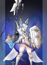 Rule 34 | 1girl, absurdres, armored boots, artillery, artist name, azur lane, blue eyes, blue hair, boots, dress, flat chest, hair over one eye, highres, holding, holding polearm, holding shield, holding weapon, iris libre (emblem), knee boots, long hair, maille-breze (azur lane), multicolored hair, polearm, requinn, rigging, shield, short dress, solo, spear, standing, streaked hair, turret, two-tone hair, very long hair, weapon, white dress, white footwear, white hair