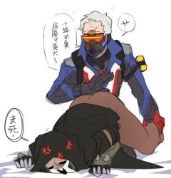 Rule 34 | 2boys, ass, gloves, male focus, mask, multiple boys, overwatch, overwatch 1, reaper (overwatch), silver hair, soldier: 76 (overwatch), tagme, text focus, undressing, yaoi