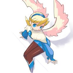 Rule 34 | 1girl, angel wings, ass, blonde hair, blue footwear, blush, boots, breasts, breath of fire, breath of fire iv, dress, hairband, jewelry, knee boots, nina (breath of fire iv), okera, pantyhose, shadow, short hair, sitting, skirt, solo, white background, white wings, wings