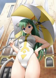 Rule 34 | 00s, 1girl, alice carroll, aria (manga), ashita yaru, bare shoulders, blue eyes, city, from below, green hair, hair ribbon, hand on own hip, highleg, highleg swimsuit, hip focus, long hair, one-piece swimsuit, race queen, ribbon, solo, swimsuit, umbrella
