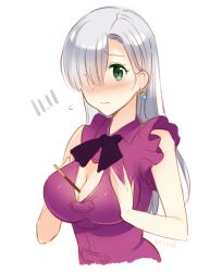 Rule 34 | 10s, 1girl, bad id, bad pixiv id, bare shoulders, between breasts, blue eyes, blush, breast hold, breast press, breasts, cleavage, earrings, elizabeth liones, food, hair over one eye, jewelry, large breasts, long hair, nanatsu no taizai, pocky, saikawa yusa, silver hair, solo