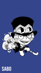 Rule 34 | 1boy, ascot, belt, blacknirrow, blue background, buttons, character name, chibi, english text, eyewear on headwear, fire, full body, goggles, happy, hat, highres, holding, industrial pipe, jacket, jumping, looking at viewer, male focus, monochrome, one piece, open clothes, open jacket, open mouth, outstretched arm, pants, reaching, reaching towards viewer, sabo (one piece), scar, scar on face, shirt, shoes, short hair, sidelocks, simple background, sketch, smile, solo, teeth, top hat