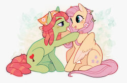 Rule 34 | 2girls, feathered wings, flower, fluttershy, from side, green fur, hair flower, hair ornament, mionn, multiple girls, my little pony, my little pony: friendship is magic, open mouth, pegasus, pink hair, pony (animal), red hair, simple background, tree hugger, white flower, wings, yellow fur