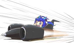 Rule 34 | 1girl, ahoge, animal ears, blue eyes, blue hair, car, commentary, crying, crying with eyes open, flying teardrops, green hair, heterochromia, highres, horse ears, horse girl, jet engine, motion blur, motion lines, motor vehicle, multicolored hair, name connection, pun, red eyes, sakusan (ss-awesome), sharp teeth, solo, tears, teeth, thrust ssc, trait connection, twin turbo (umamusume), twintails, two-tone hair, umamusume