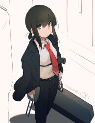 Rule 34 | 1girl, absurdres, alternate costume, anchor symbol, belt, black belt, black hair, black pants, closed mouth, collared shirt, formal, fubuki (kancolle), green eyes, highres, holding, kantai collection, long sleeves, looking at viewer, ma rukan, necktie, open clothes, pants, red necktie, shirt, short hair, short ponytail, sidelocks, signature, solo, suit, white shirt