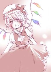 Rule 34 | 1girl, blush, female focus, flandre scarlet, hat, mathnote, mob cap, monochrome, pink theme, smile, solo, spot color, touhou, wings