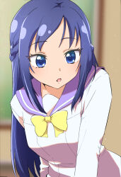 1girl blue_eyes blue_hair blush bow bowtie braid dokidoki!_precure dress highres hishikawa_rikka jwetefmgyvhlxqn long_hair long_sleeves oogai_daiichi_middle_school_uniform open_mouth precure purple_sailor_collar sailor_collar sailor_dress school_uniform solo white_dress yellow_bow yellow_bowtie