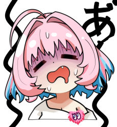 Rule 34 | 1girl, ahoge, blue hair, breasts, chibi, cropped torso, dot nose, drooling, fang, hair intakes, idolmaster, idolmaster cinderella girls, large breasts, mitche, multicolored hair, open mouth, pink hair, shaded face, shirt, short hair, simple background, single bare shoulder, solo, sweat, two-tone hair, upper body, white background, white shirt, yumemi riamu