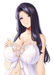 Rule 34 | 1girl, absurdres, babydoll, black hair, breasts, cleavage, closed mouth, collarbone, commentary request, eyes visible through hair, highres, large breasts, long hair, looking at viewer, marui koishi, navel, original, parted bangs, purple eyes, sidelocks, simple background, smile, solo, strap slip, upper body, white babydoll, white background