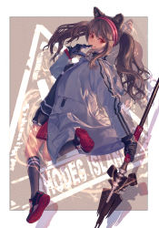 Rule 34 | 1girl, absurdres, angelina (arknights), animal ears, arknights, black gloves, black socks, breasts, brown hair, finger to mouth, gloves, hair between eyes, hair ornament, highres, holding, holding weapon, infection monitor (arknights), kneehighs, leg up, long hair, long sleeves, looking at viewer, looking back, maronmokaet, open mouth, red eyes, small breasts, socks, solo, twintails, weapon