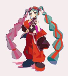 Rule 34 | 1girl, 39, aqua eyes, aqua hair, baggy pants, bare shoulders, belt, black jacket, black leotard, blunt bangs, blush stickers, braid, chain, chain necklace, closed mouth, clothing cutout, commentary, ear piercing, eyeshadow, full body, goggles, goggles on head, hand on own hip, hatsune miku, heattech leotard, highres, jacket, jewelry, leotard, long hair, long sleeves, magical mirai (vocaloid), magical mirai miku, magical mirai miku (2023), makeup, multicolored hair, navel, navel cutout, necklace, o-ring, off shoulder, open clothes, open jacket, pants, piercing, quilted jacket, red eyeshadow, red hair, red pants, serious, sidelocks, simple background, sleeveless, solo, standing, stomach, suuroku, turtleneck, twin braids, twintails, vocaloid