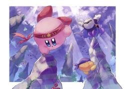 Rule 34 | absurdres, bandana, bandana waddle dee, cape, cloud, cloudy sky, falling, galaxia (sword), handstand, headband, highres, king dedede, kirby, kirby&#039;s return to dream land, kirby (series), mask, meta knight, nintendo, one arm handstand, outstretched arms, rock, scabbard, sheath, shiburingaru, sky, sparkle, star (symbol), sunlight, sword, tiptoes, training, upside-down, weapon