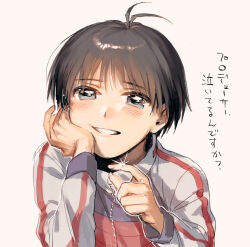 Rule 34 | 1girl, absurdres, androgynous, antenna hair, black eyes, black hair, blush, close-up, commentary, curled fingers, grey jacket, hands on own face, highres, idolmaster, idolmaster (classic), idolmaster 1, jacket, kikuchi makoto, long sleeves, looking at viewer, loose hair strand, mihen, multicolored clothes, multicolored jacket, parted lips, portrait, raglan sleeves, red jacket, short hair, simple background, smile, solo, sparkle, tomboy, track jacket, white background, white jacket