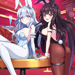 Rule 34 | 2girls, animal ears, ass, atre, black hair, blue bow, blue bowtie, blue eyes, blue hair, blue leotard, blush, bow, bowtie, breasts, brown pantyhose, casino, cleavage, closed mouth, covered navel, fake animal ears, fake tail, fang, hair ornament, indoors, jashin-chan dropkick, large breasts, leotard, long hair, looking at viewer, multiple girls, mumyou ishi, open mouth, pantyhose, playboy bunny, rabbit ears, rabbit tail, red eyes, smile, snowflake hair ornament, tail, white pantyhose, yusa (jashin-chan dropkick)