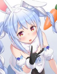 Rule 34 | 1girl, animal ear fluff, animal ears, blue hair, blush, braid, carrot hair ornament, commentary request, detached sleeves, food-themed hair ornament, fur-trimmed gloves, fur collar, fur trim, gloves, hair ornament, highres, hololive, looking up, multicolored hair, omaehadareda-uso, open mouth, rabbit ears, red eyes, solo, symbol-shaped pupils, tearing up, twin braids, two-tone hair, usada pekora, usada pekora (1st costume), virtual youtuber, white hair