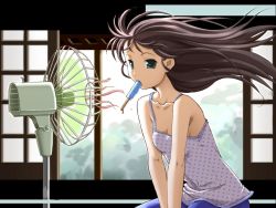 Rule 34 | brown hair, camisole, electric fan, food, food in mouth, green eyes, popsicle, popsicle in mouth, solo, tsurugi hagane, wallpaper