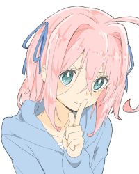 Rule 34 | 1girl, absurdres, ahoge, bad id, bad twitter id, blue eyes, blue hoodie, blue ribbon, closed mouth, copyright request, donguri suzume, hair intakes, hair ribbon, highres, hood, hood down, hoodie, index finger raised, long sleeves, looking at viewer, pink hair, ribbon, simple background, smile, solo, upper body, white background