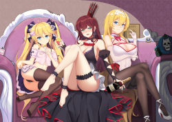 Rule 34 | 3girls, absurdly long hair, absurdres, adapted costume, ahoge, alcohol, alternate costume, andrea doria (warship girls r), ankle strap, ascot, ass, black dress, blonde hair, blue eyes, bottle, bow, breast hold, breasts, brown legwear, caviar, champagne, champagne bottle, champagne flute, character hair ornament, china dress, chinese clothes, choker, cleavage, cleavage cutout, clothes lift, clothing cutout, couch, crop top, crossed arms, crown, cup, detached sleeves, dress, drinking glass, duke of york (warship girls r), elbow gloves, fingernails, fork, formidable (warship girls r), frilled dress, frilled garter, frills, full body, gloves, green eyes, hair bow, hair ornament, high heels, highres, holding, holding bottle, holding fork, jojo no kimyou na bouken, killer queen, knees up, large breasts, legs, long hair, looking at viewer, multiple girls, nail polish, navel, no shoes, off-shoulder shirt, off shoulder, panties, pantyhose, pantyshot, perfume bottle, poster (object), product placement, queen (band), red eyes, red nails, sharp fingernails, shirt, sidelocks, sitting, skindentation, skirt, skirt lift, spaghetti strap, strappy heels, taskforce141-doria, thighhighs, thighs, twintails, underwear, very long hair, wallpaper (object), warship girls r, white footwear