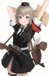 Rule 34 | 1girl, absurdres, arm behind head, arm up, armband, bag, black coat, black hat, black necktie, blonde hair, blue eyes, coat, commission, crossed bangs, english text, envelope, garrison cap, girls&#039; frontline, grin, gun, hair ornament, hairclip, hat, highres, holding, holding envelope, kir (khw66136132), looking at viewer, military, military hat, military uniform, mp41, mp41 (girls&#039; frontline), necktie, notepad, paper, pixiv commission, red armband, satchel, shirt, short hair, short sleeves, simple background, smile, smoke grenade, solo, submachine gun, thigh strap, uniform, weapon, white background, white shirt