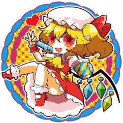 Rule 34 | 1girl, blonde hair, bobby socks, chibi, collared shirt, cup, drinking straw, flandre scarlet, food, frilled shirt collar, frilled skirt, frilled sleeves, frills, full body, hat, high heels, holding, holding cup, holding food, holding popsicle, mary janes, medium hair, mob cap, multicolored wings, one side up, open mouth, pointy ears, popsicle, puffy short sleeves, puffy sleeves, red eyes, red footwear, red skirt, red vest, shirt, shoes, short sleeves, skirt, skirt set, socks, solo, star-shaped pupils, star (symbol), surigoma, symbol-shaped pupils, touhou, vest, white hat, white shirt, white socks, wings, wrist cuffs