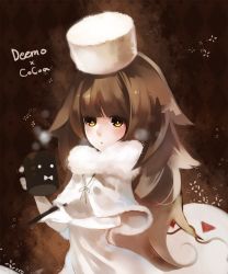 Rule 34 | 1girl, brown hair, cameo, capelet, cup, deemo, deemo (character), expressionless, fur, girl (deemo), hat, lestored cro, look-alike, looking at viewer, mug, solo, winter clothes, yellow eyes