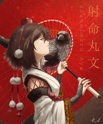 Rule 34 | 1girl, absurdres, bird, black gloves, black hair, brown eyes, brown hair, character name, commentary, crow, fingerless gloves, from side, gloves, hat, highres, holding, holding umbrella, kourindou tengu costume, long sleeves, looking at viewer, official alternate costume, oil-paper umbrella, oubachiago, parted lips, pom pom (clothes), red headwear, shameimaru aya, short hair, signature, tokin hat, touhou, umbrella, upper body