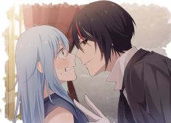 Rule 34 | 1boy, 1other, androgynous, bent over, black coat, black hair, blue hair, blush, clenched teeth, coat, commentary request, diablo (tensei shitara slime datta ken), eye contact, eyelashes, from side, gloves, hair between eyes, highres, indoors, looking at another, multicolored hair, nose blush, red curtains, red hair, rimuru tempest, shirt, sidelocks, ss023xx, streaked hair, teeth, tensei shitara slime datta ken, white gloves, white shirt, wide-eyed, window, windowsill, yellow eyes