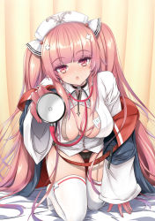 Rule 34 | 1girl, :o, absurdres, all fours, azur lane, black panties, blush, breasts, cameltoe, center opening, cleavage, dress, gloves, hair ornament, half gloves, hat, head tilt, highres, holding, holding stethoscope, id card, large breasts, long hair, looking at viewer, nurse, nurse cap, panties, perseus (azur lane), perseus (unfamiliar duties) (azur lane), pink eyes, pink gloves, pink hair, raranokusu, solo, stethoscope, thighhighs, twintails, underwear, very long hair, white hat, white thighhighs