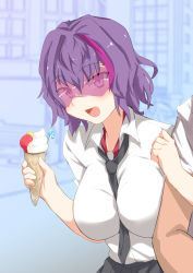 Rule 34 | 1girl, android, between breasts, black skirt, breasts, collared shirt, female focus, food, girls&#039; frontline, highres, holding, holding own arm, ice cream, large breasts, multicolored hair, necktie, necktie between breasts, pleated skirt, purple-tinted eyewear, purple eyes, purple hair, ripper (girls&#039; frontline), sangue llia, school uniform, shirt, short hair, skirt, smile, tagme, tinted eyewear, two-tone hair, visor, white shirt