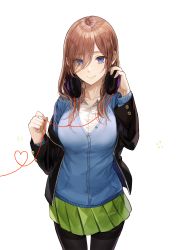 Rule 34 | 1girl, black jacket, black pantyhose, blazer, blue cardigan, blue eyes, blush, breasts, brown hair, buttons, cardigan, closed mouth, collarbone, collared shirt, cowboy shot, go-toubun no hanayome, green skirt, hair between eyes, hair over one eye, hands up, headphones, headphones around neck, heart, heart of string, highres, jacket, kim eb, large breasts, lips, long hair, long sleeves, looking at viewer, miniskirt, nakano miku, off shoulder, open clothes, open jacket, pantyhose, pleated skirt, school uniform, shirt, sidelocks, simple background, skirt, smile, solo, standing, string, string of fate, white background, white shirt