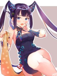 Rule 34 | 1girl, bare shoulders, blue dress, blue eyes, blunt bangs, blush, border, breasts, china dress, chinese clothes, cleavage, clothes lift, detached sleeves, dress, dress lift, fate/grand order, fate (series), floral print, grey background, hair ornament, hand on own cheek, hand on own face, itone kouta, knee up, leaf hair ornament, long hair, looking at viewer, medium breasts, open mouth, purple hair, side slit, sidelocks, smile, solo, thighs, twintails, very long hair, white border, yang guifei (fate), yang guifei (second ascension) (fate)