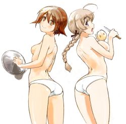 Rule 34 | 2girls, ahoge, arched back, ass, black ribbon, blonde hair, blue eyes, braid, breasts, brown eyes, brown hair, chikuwa (tks), from behind, hair ribbon, holding, knife, ladle, large breasts, light brown hair, long hair, looking back, lynette bishop, miyafuji yoshika, multiple girls, nipples, open mouth, panties, peeling, potato, purple eyes, ribbon, short hair, simple background, single braid, small breasts, smile, strike witches, topless, underwear, white background, white panties, world witches series
