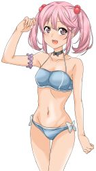 Rule 34 | 1girl, absurdres, armband, bikini, black bow, black bowtie, black choker, blue bikini, bow, bowtie, breasts, choker, hair bobbles, hair ornament, highres, kantai collection, looking at viewer, maonatten, medium breasts, navel, official alternate costume, pink eyes, pink hair, sazanami (kancolle), short hair, smile, solo, standing, swimsuit, thigh gap, twintails