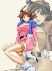 Rule 34 | 1990s (style), 1girl, ankle boots, boots, breasts, brown hair, choker, cleavage, earrings, g gundam, green eyes, gundam, high heels, highres, jewelry, jpeg artifacts, large breasts, rain mikamura, retro artstyle, shoes, solo, thighhighs, wcm, zoom layer