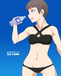 Rule 34 | 10s, 1girl, absurdres, bikini, black bikini, blue background, blush, breasts, brown eyes, brown hair, freckles, girls und panzer, groin, highres, naomi (girls und panzer), navel, short hair, simple background, small breasts, solo, swimsuit