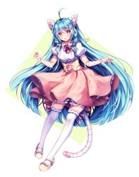 Rule 34 | 1girl, ahoge, animal ears, aqua hair, artist name, blue hair, braid, commission, doll joints, dress, full body, hair ornament, hairclip, joints, long hair, looking at viewer, original, robot ears, sasucchi95, solo, tail, thighhighs, transparent background, twin braids, yellow eyes