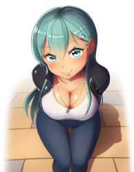 Rule 34 | 1girl, alternate costume, anchor symbol, aqua eyes, aqua hair, blouse, breasts, casual, cleavage, denim, jacket, jeans, jewelry, kantai collection, large breasts, long hair, maku ro, necklace, pants, shadow, shirt, smile, solo, suzuya (kancolle)