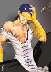 Rule 34 | 1boy, baggy pants, baseball cap, black hair, braid, bridal gauntlets, chinese clothes, elbow gloves, gloves, gradient background, hat, hat over one eye, hymc, long hair, muscular, off shoulder, pants, pectorals, sexually suggestive, single braid, sitting, sleeveless, solo focus, street fighter, suggestive fluid, yun lee