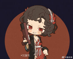 Rule 34 | 1girl, black background, black coat, black hair, chibi, chinese text, circle, coat, curly hair, dress, feather dress, feather hair ornament, feathers, finger on trigger, grin, gun, hair ornament, hairband, hand up, handgun, holding, holding gun, holding weapon, jewelry, looking at viewer, minamip, necklace, red background, red dress, red eyes, red feathers, reverse:1999, schneider (reverse:1999), short hair, smile, solo, upper body, weapon, weibo logo, weibo watermark, white hairband