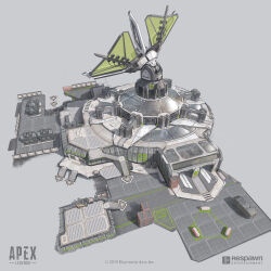 Rule 34 | apex legends, building, commentary, concept art, copyright name, electronic arts, english commentary, forklift, grey background, highres, in-universe location, kings canyon, logo, no humans, official art, production art, respawn entertainment, satellite dish, scenery, yang niangniang