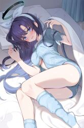 Rule 34 | 1girl, alternate costume, blanket, blue archive, blue shirt, blue shorts, blue socks, blush, etesumsom, hairband, halo, highres, indoors, kneehighs, long hair, looking at viewer, lying, on bed, on side, parted lips, pillow, purple eyes, purple hair, shirt, shorts, socks, solo, thighs, white hairband, yuuka (blue archive)