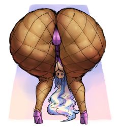 Rule 34 | 1girl, ass, ass focus, bent over, black eyes, blue hair, borvar, breasts, brown pantyhose, cameltoe, cleavage, closed mouth, fishnet pantyhose, fishnets, from below, high heels, highres, huge ass, legs, leotard, long hair, looking at viewer, nia teppelin, pantyhose, playboy bunny, purple background, sketch, skindentation, smile, solo, tengen toppa gurren lagann, thick thighs, thighs, two-tone background, white background