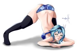 Rule 34 | 1girl, angry, aqua hair, ass, blush, bra, breasts, embarrassed, eula (genshin impact), genshin impact, gloves, hairband, highres, jack-o&#039; challenge, large breasts, looking at viewer, medium hair, open mouth, panties, shiny skin, solo, sonicheroxd, thighhighs, top-down bottom-up, underwear, yellow eyes