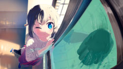 Rule 34 | 1girl, black hair, blue eyes, blush, cardigan, closed mouth, concentrating, day, foreshortening, highres, indoors, long sleeves, looking at viewer, mianbaoshi mengxiang, no socks, one eye closed, original, pants, perspective, short hair, slippers, solo, standing, sunlight, towel, washing, window
