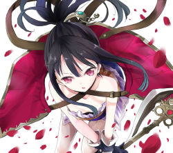 Rule 34 | 1girl, atelier (series), atelier totori, bare shoulders, black gloves, black hair, capelet, downblouse, dress, female focus, flat chest, gloves, hair ornament, long hair, maromi (am97), mimi houllier von schwarzlang, open mouth, petals, ponytail, purple dress, red eyes, revision, simple background, solo, staff, strapless, strapless dress