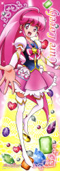 Rule 34 | 10s, 1girl, absurdres, aino megumi, brooch, character name, cure lovely, earrings, full body, happinesscharge precure!, heart, heart brooch, highres, jewelry, long hair, magical girl, official art, pink eyes, pink hair, ponytail, precure, satou masayuki, skirt, smile, solo, thighhighs, very long hair, wide ponytail
