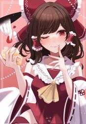 Rule 34 | 1girl, ascot, bare shoulders, bow, brown hair, cake, closed mouth, detached sleeves, fingernails, food, food on face, fruit, gap (touhou), hair bow, hair tubes, hakurei reimu, heart, highres, holding, holding food, japanese clothes, long hair, maka (user rryf2748), nontraditional miko, one eye closed, red bow, red eyes, ribbon-trimmed sleeves, ribbon trim, sidelocks, smile, solo, strawberry, touhou, upper body, white sleeves, wide sleeves, yellow ascot