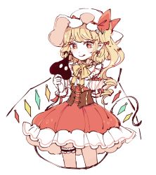 Rule 34 | 1girl, :q, arm behind back, blonde hair, blush, bridal garter, corset, cowboy shot, cropped legs, crystal, dress, earrings, flandre scarlet, frilled dress, frills, hat, holding, holding own tail, jewelry, laevatein (tail), light blush, long hair, mob cap, mozukuzu (manukedori), neck ribbon, pointy ears, puffy short sleeves, puffy sleeves, red dress, red eyes, ribbon, short sleeves, side ponytail, simple background, solo, tail, tongue, tongue out, touhou, white background, white hat, wings, wrist cuffs, yellow ribbon